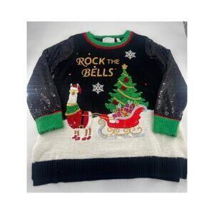 Rock the Bells Christmas Sweater Women 1x Black Colorful Holiday Ugly Enbroidery